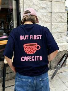 1 pieza Camiseta de manga corta y cuello redondo de verano, con estampado de corazón rosa y taza de café, texto en inglés, corte holgado y cómodo, ideal para amantes del café, adecuado para la calle, uso diario, festivales de música, fiestas y vacaciones de mujerPure-Cotton - Albaricoque - Ver 5