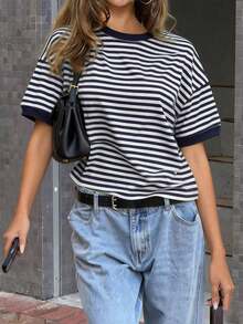 casual de mujer  de cuello redondo holgado, camiseta de manga corta a rayas con parches minimalista de color contrastante, adecuada para uso diario, ir al trabajo y verano en casa, color rosa - Azul marino - Ver 6