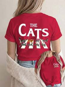 [Impresión a Doble Cara] Camiseta de Mujer, Top Casual de Manga Corta y Cuello Redondo, con un Diseño de Cruce de Cebra y la palabra CATS impresa encima, Lavable, Ropa Casual Adecuada, Prenda Versátil, Material Cómodo, Para Entusiastas de la Moda. Cuello Redondo, 100% Algodón, Tejido Suave, Manga Corta. - Rojo - Ver 7