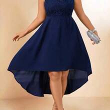 Cravure Plus Size Women Contrast Lace Round Neck Sleeveless High-Low Hem Elegant Dress - Azul - Ver 1