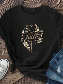 Camiseta de manga corta para mujer, estilo artístico Faith con corazones y letras, edición limitada, ligera y transpirable, de algodón, a y única, suave y transpirable, elasticidad media, lavable aáquina, esencial para primavera y verano, con estampado de cuello redondo. - Negro - Ver 3