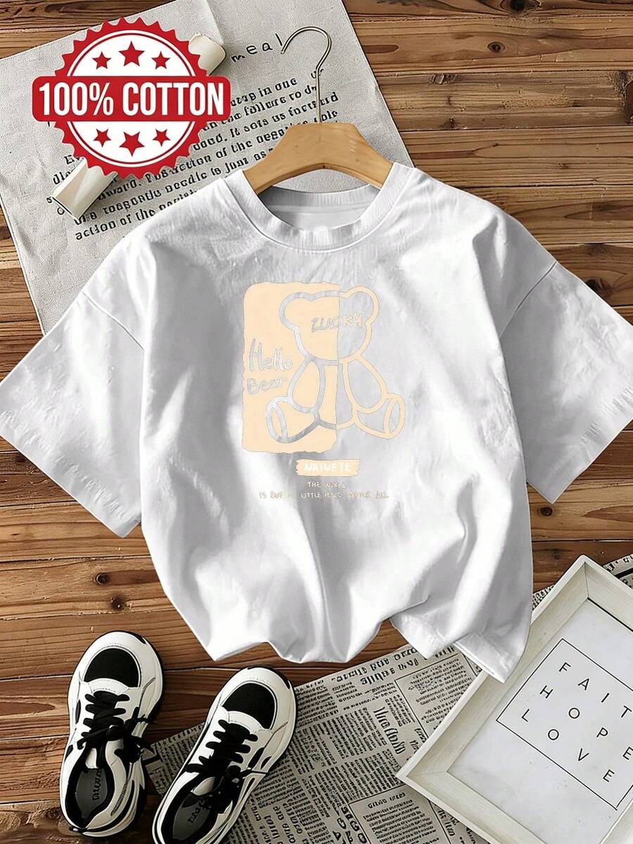 Damt-t-shirt med kort ärm och rund hals, lös passform, avslappnad passform, 100 % bomull, bekväm och andningsbar, maskintvättbar, lätt att sköta, med ett sött "Hello Bear"- och björntryck, rolig design, ny sommarkollektion 2026. - Vitt - Visa 1
