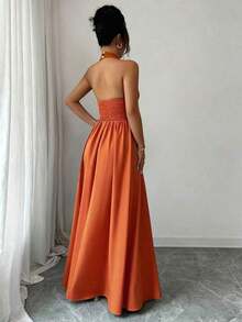 Elegante vestido sin mangas con cuello en V, diseño hueco en la cintura y pliegues, color morado, nueva llegada de primavera/verano - Naranja - Ver 7