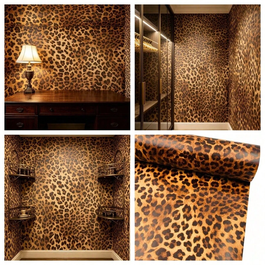 1 Roll Leopard Print Self-Adhesive Wallpaper, Suitable For Wall Decor In Living Room, Bar, Bathroom, Shelf Liner, Decorative Sticker, Vinyl Covering, 17.7inX39.3/118.1/196.8/393.7in