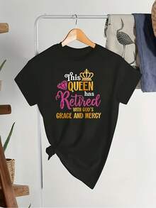 Camiseta estampada para Reina de Talla y Jubilada, Top casual de manga corta cuello redondo para primavera y verano, Ropa de talla para mujer - Negro - Ver 4
