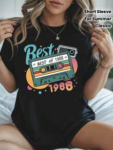 1988 Classic Nostalgia - Themed T - Shirt, Short Sleeve Crew Neck Casual Top for Summer & Spring, Women's Clothing - Negro - Ver 1