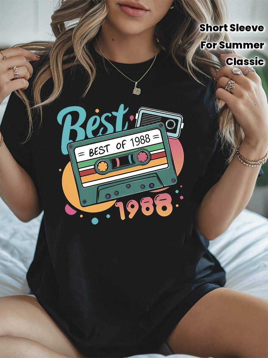 1988 Classic Nostalgia - Themed T - Shirt, Short Sleeve Crew Neck Casual Top for Summer & Spring, Women's Clothing - Negro - Ver 1
