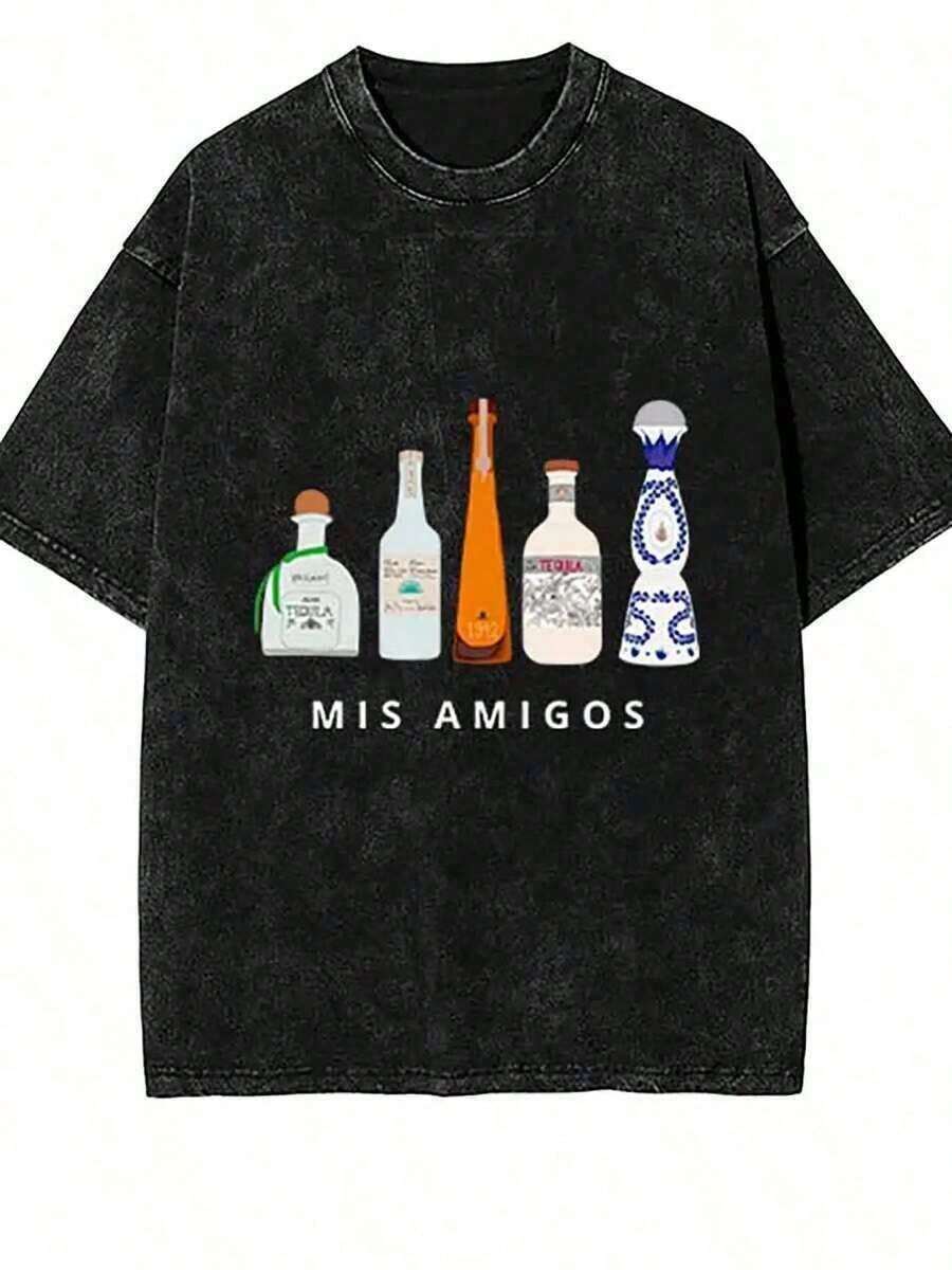Camiseta unisex lavada, diseño holgado y extragrande, informal para uso diario, exterior y urbano, de manga corta. Camiseta Tequila, camiseta divertida Tequila, camiseta estampada de manga corta, divertida, gruesa, lavada y desgastada, estilo vintage. Ropa diaria para hombres y mujeres, 100% algodón, camisetas gráficas, camisetas Y2k, camiseta vintage de estilo urbano 2026. - Negro - Ver 1