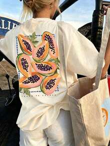 Camiseta de manga corta de cuello redondo con estampado de papaya, de moda minimalista y versátil, adecuada para mujeres,Camisetas Gráficas de Verano para Mujer - Albaricoque - Ver 1