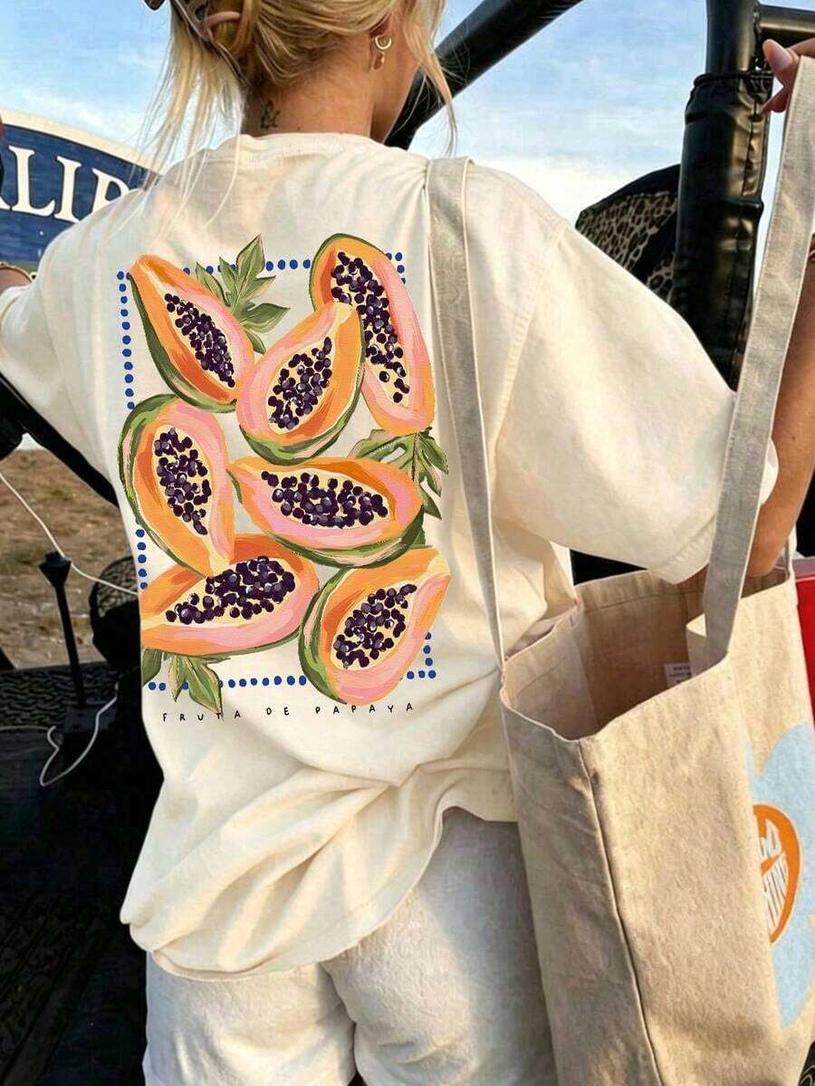 Camiseta de manga corta de cuello redondo con estampado de papaya, de moda minimalista y versátil, adecuada para mujeres,Camisetas Gráficas de Verano para Mujer - Albaricoque - Ver 1