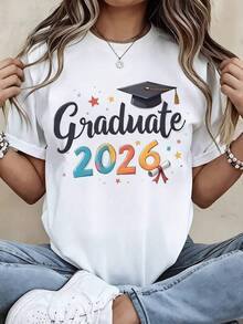 Graduate 2026 Graduation T-Shirt For Women Men College Party Celebration Cap And Diploma Design White Casual Tee ShirtRopa De Mujer / Ropa De Mujer De Uso Diario / Blusas, Camisas Y Camisetas De Mujer / Camisetas De Mujer Ropa Deportiva Basicos Mujer Short Playeras Para Hombre - Blanco - Ver 8