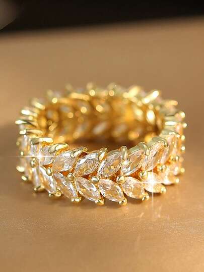 jealous young 1pc Classic Fashionable Double Row Water Droplets Cubic Zirconia Wedding Ring, Women's Jewelry, Luxury Dress Accessory