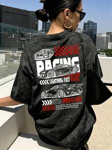 Vintage Washed Racing Print Y2K Streetwear Loose T-Shirt Casual - Black - View 8