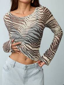 FQLWL Summer Street Fashion Tiger Striped Print Long Sleeve Mesh Top, Retro Women For School, Birthday Spring - Coffee Brown - View 2