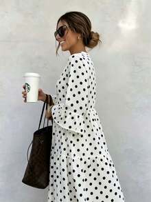 Buzzelle Spring & Summer Elegant Polka Dot Print Cross Neck Ruffle Sleeve Layered Casual Vacation Style Midi Dress White - White - View 4