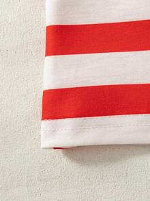 2pcs/Set Girls Casual Striped Print Decor Raglan Sleeve Top And Solid Color Shorts Set, Spring/Summer - Red - View 6