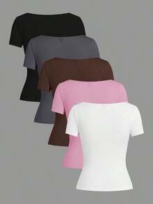 Set de 3 camisetas de punto para mujer, multicolor, camisetas básicas de primavera/verano para mujer, tops ajustados básicos, paquete de tops básicos, tops básicos para mujer, tops de ajuste ceñido, tops básicos, tops de mujer de cuello cuadrado, tops de verano para mujer, tops de manga corta para mujer, tops de verano para mujer, camisetas de mujer - Multicolor 4 - Ver 2