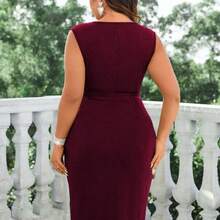 Cravure Burgundy Red Plus Size Solid Color Pleated Wrap Dress With Knot Detail Wedding - Verde - Ver 3
