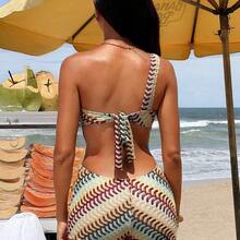 Swim Vcay Women's Rainbow Wave Pattern Halter Backless Tie Bikini Set With Shorts, Beach Party Holiday 2-Piece Outfit - Multicolor - Ver 3