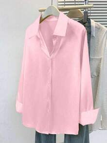 女款素色緞面襯衫 - 有領鈕扣式商務休閒襯衫，優雅通勤與日常穿著 粉紅色 - 粉色 - 查看 3