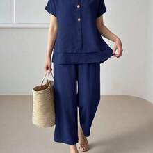 2 piezas Conjunto informal de verano para mujer de unicolor, cuello redondo, manga corta, holgado - Azul - Ver 2