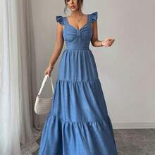 Elenzya Vestido largo de unicolor para mujer, vestido largo estilizante con cintura elástica y parches, elegante y de moda para uso diario, cenas y citas, primavera/verano - Azul - Ver 5