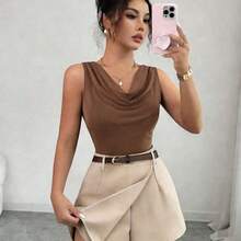 1 conjunto de top sin mangas de cuello en V ajustado de color marrón con falda pantalón de oficina de color albaricoque para mujer - Marrón - Ver 4