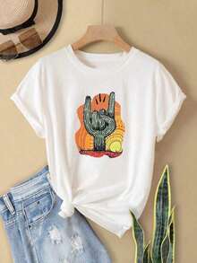 Camiseta de sol de dedo de cactus de dibujos animados para mujer Camiseta informal holgada para mujer con estampado de cactus al atardecer Camisetas de Mujer - Blanco - Ver 3