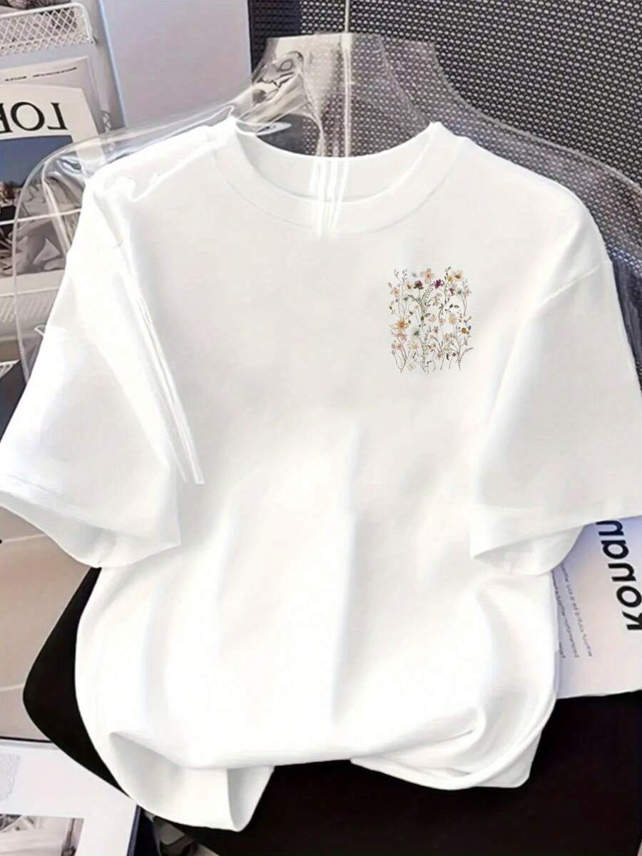 Camiseta Casual de Manga Corta para Mujer con Estampado Floral Delantero y Trasero - Cuello Redondo Suave, Ajuste Relajado, Diseño de Flores Pastel sobre Fondo , Cómoda para Todas las Estaciones, Lavable a Máquina