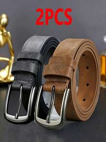 2pcs Men's Wide Patchwork Alloy Buckle Belts, Suitable For Jeans And Trousers, Minimalist Cool Sports Casual Decorative Belts - 2pcs Black + Camel - View 3