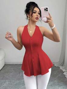 Camisa sin mangas con cuello en V, abotonada, con pliegues a la cintura y línea A, casual y elegante, adecuada para la oficina, vacaciones, primavera/verano - Rojo - Ver 7
