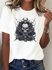 Women's Gothic T-Shirt With Skull And Barbed Wire Print - Slim Fit, 100% Streetwear, White Design, Perfect For Concerts And Everyday Wear, Casual All Year Round, Breathable Material, Durable T-Shirt, Fashionable - 白色 - 查看 1