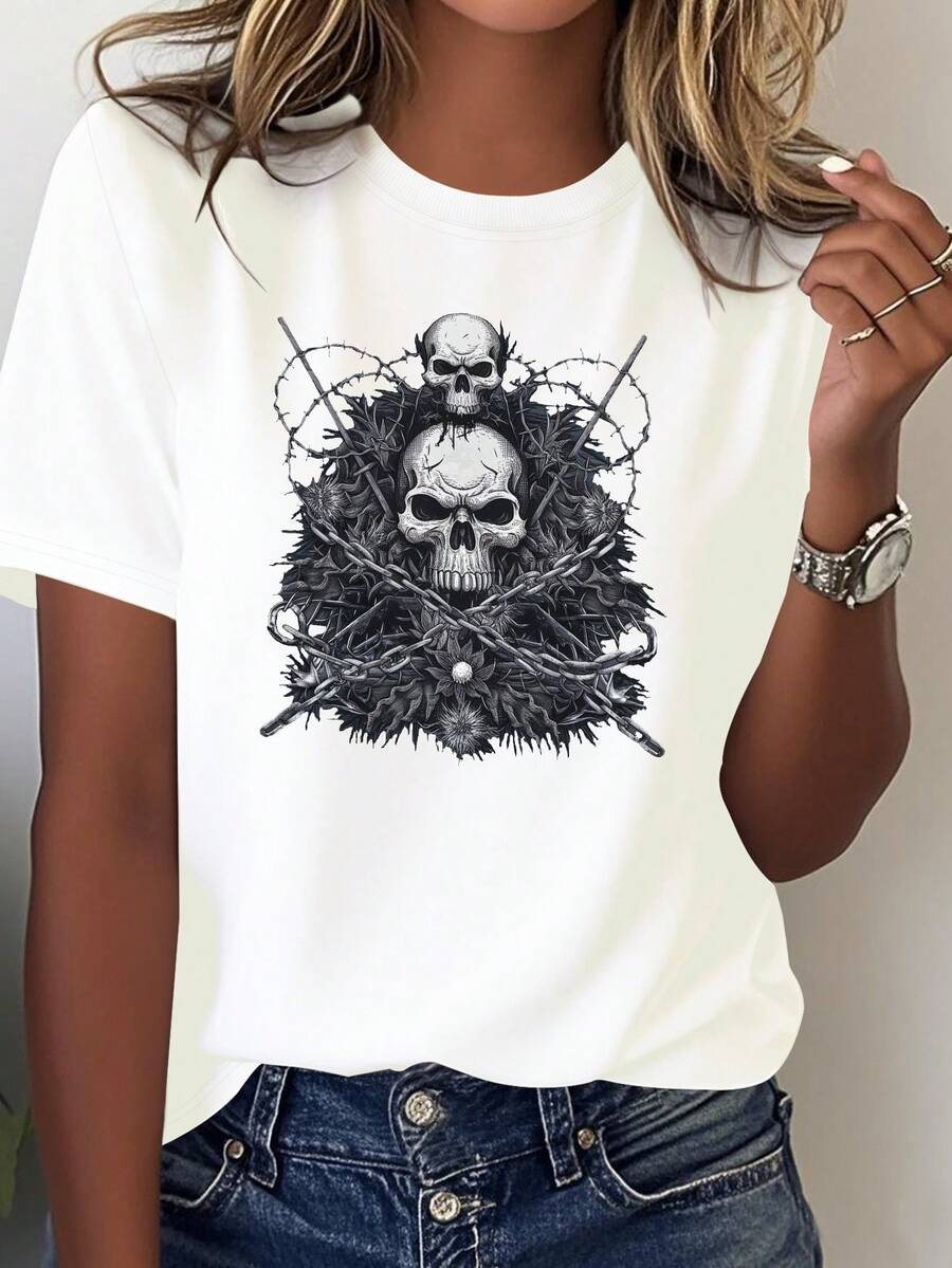 Women's Gothic T-Shirt With Skull And Barbed Wire Print - Slim Fit, 100% Streetwear, White Design, Perfect For Concerts And Everyday Wear, Casual All Year Round, Breathable Material, Durable T-Shirt, Fashionable - 白色 - 查看 1