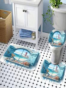 Bộ 4 món rèm tắm họa tiết ngọn hải đăng phong cảnh biển dành cho căn hộ, phòng tắm, khách sạn, bao gồm 12 móc treo, thảm tắm, nắp bồn cầu và thảm chữ U, phụ kiện phòng tắm. - A - Xem 7