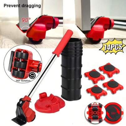 Bộ dụng cụ di chuyển mới 14 món, bao gồm 4 miếng trượt và 1 bánh xe, được thiết kế để di chuyển đồ đạc một cách tiện lợi như ghế sofa, ghế bành, tủ lạnh.