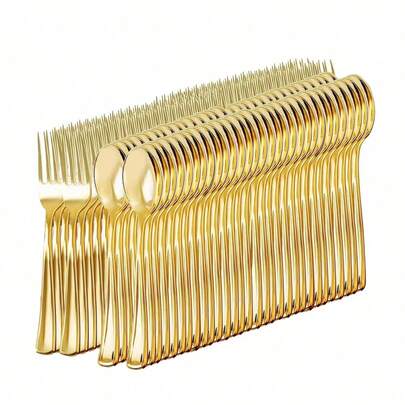 25pcs/Set Gold Reusable Cutlery Set, Includes Fork, Spoon, Cake Fork, Dessert Spoon, Salad Fork, Pasta Fork & Spoon, Suitable For Birthday, Wedding, Party, Family Gathering, Team Building, Outdoor BBQ, Camping, Banquet, School Supplies, Graduation Ceremony, Holiday Party And More Occasions