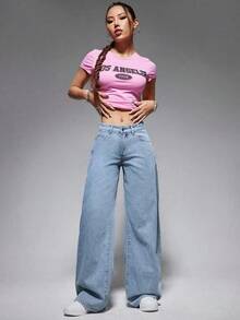 ICON Solid Color Wide Leg Pocket Jeans, Casual And Versatile - 淺色水洗 5 - 查看 4