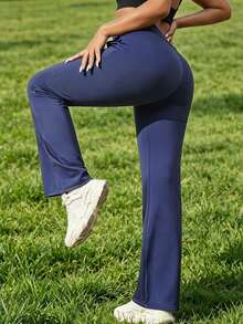 女款日常上班運動褲 高腰收腹提臀瑜珈褲 附口袋 - 寶藍色 - 查看 2