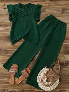 Blusa casual de mujer con decoración de volantes y mangas de campana asimétricas, Pantalones rectos casuales de mujer con cintura elástica, bolsillos laterales y pierna corta, color azul - Verde - Ver 1