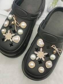 16PCS Golden Bowtie Star ABS Shoe Charms Accessories Bling Rhinestone Heart Clog Shoes Buckles DIY Decorations Faux Pearl Shoe Clips Ornaments - Multicolor - View 8