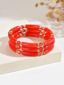 1 Set Vibrant Vintage Translucent Curved Tube Faceted Red Bracelet For Women Party & Travel - Red - View 7