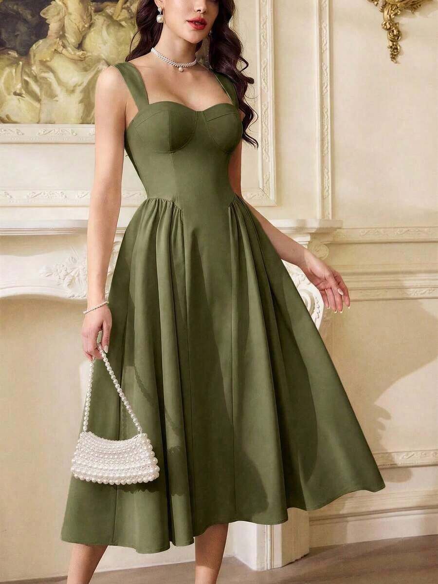Vestido elegante vintage con bolsillos para mujer, vestido de fiesta de té casual, atuendo de verano para festivales y fiestas, ropa de vacaciones para mujer, vestido blanco de verano, vestidos de verano para mujer, vestidos blancos para mujer, vestido de graduación, vestidos formales para mujer, vestidos de cumpleaños para mujer, vestido de invitada de boda, vestidos de primavera para mujer, ropa de verano, atuendos de primavera para mujer, vestido de Pascua para mujer, atuendos de cumpleaños para mujer, vestido de novia - Verde militar - Ver 1