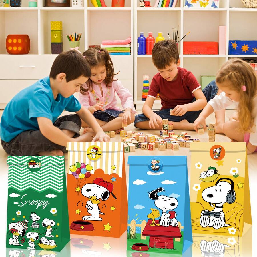 SNOOPY 花生漫画史努比设计派对礼品袋，可爱卡通纸质礼品袋带贴纸，花生漫画人物零食袋，充满多巴胺美感的派对用品，生日节日糖果饼干包装袋，派对庆祝礼品袋 - 彩色 - 查看 1