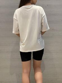 Camiseta de manga corta oversize, negro sólido, ajuste holgado casual para deportes blancos de verano - Blanco - Ver 5
