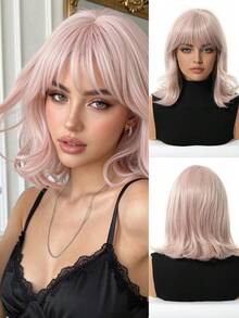 12-Inch Short Straight Wig, Pink Color With Layers And Bangs, Natural Straight Hair Texture, Retro Cosplay Style, Suitable For Multiple Occasions, Universal Size, Ideal For Halloween - 粉色 - 查看 2