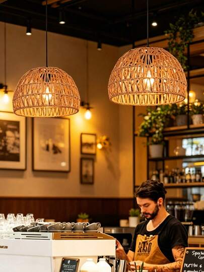 1pc Handmade Rattan Lamp Shade Replacement, Suitable For Dining Room, Kitchen Island, Bedroom, Kids Room, Cafe, Vintage Bohemian Farmhouse Home Decor