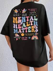 Camisetas de manga corta para mujer 100% algodón, camiseta de cuello redondo, camiseta gráfica "La Salud Mental Importa", top casual de manga corta con estampado de frases positivas, cómoda y transpirable para uso diario, camisa casual holgada para mujer, camiseta colorida de estilo retro. - Negro - Ver 2