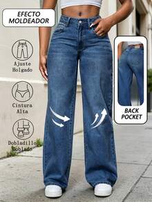 Jeans de talle alto, pierna recta, lavado casual,Pantalones de de Denim Elástico Azul Marino Elegante con Diseño Clásico de Cinco Bolsillos, Tejido de Poliéster Cómodo para Uso Diario - 2016 - Ver 1