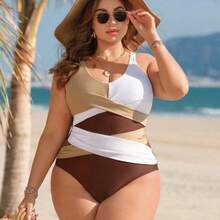 Swim Lushoire Elegant Plus Size Colorblock High Waist Swimsuit Sleeveless Plunge Neck Design - Multicolor - Ver 6