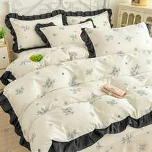 Cream-Colored Girly Ruffled Soft Brushed Floral Duvet Cover 3 Pieces Set (1 Duvet Cover + 2 Pillowcases, Comforter & Pillow Inserts Not Included), Bedding Set, Comfortable Soft Breathable Cozy Versatile, Machine Washable For All Seasons - White and Black - View 7